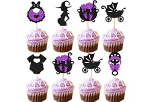 YCTHUNFISH 24 Pack Halloween Baby Shower Cupcake Toppers A Baby Is Brewing Cupcake Picks Witch Pregnant Women Halloween Gneder Reveal Cupcake Decorations Party Supplies Black Pink