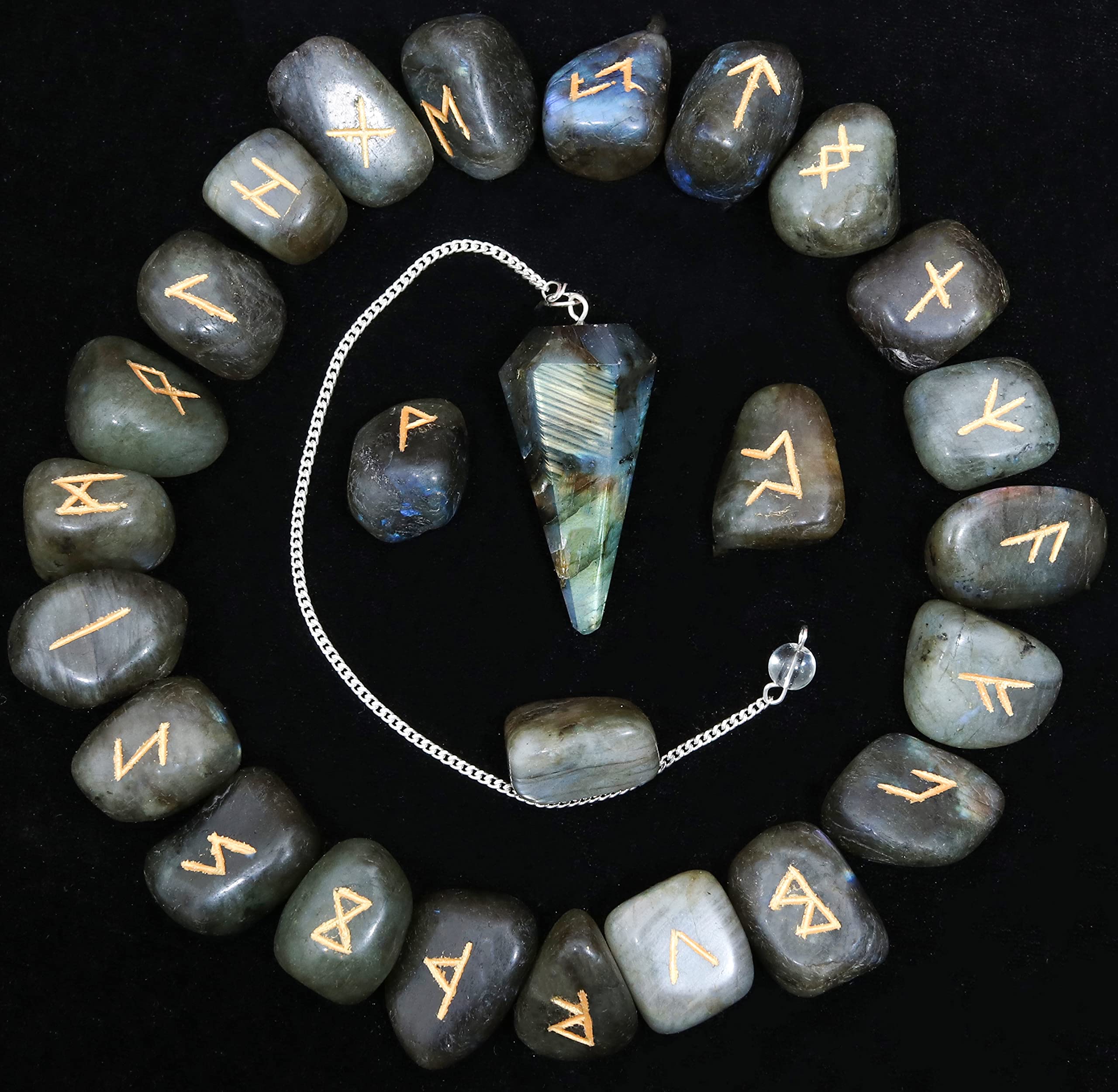Crocon Labradorite Gemstone Engraved Rune Stones Set (25 Pcs) with Elder Futhark Alphabets & 1 Labradorite Pendulum Reiki Healing Stones Chakra Craft Norse Runes Size: 15-20 mm