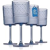 Godinger Wine Glasses, Acrylic Wine Glass Cups with Stem, Red Wine Glasses, Plastic Drinking Glasses, Vintage Romantic Decor - Clear, Set of 4 (Blue)