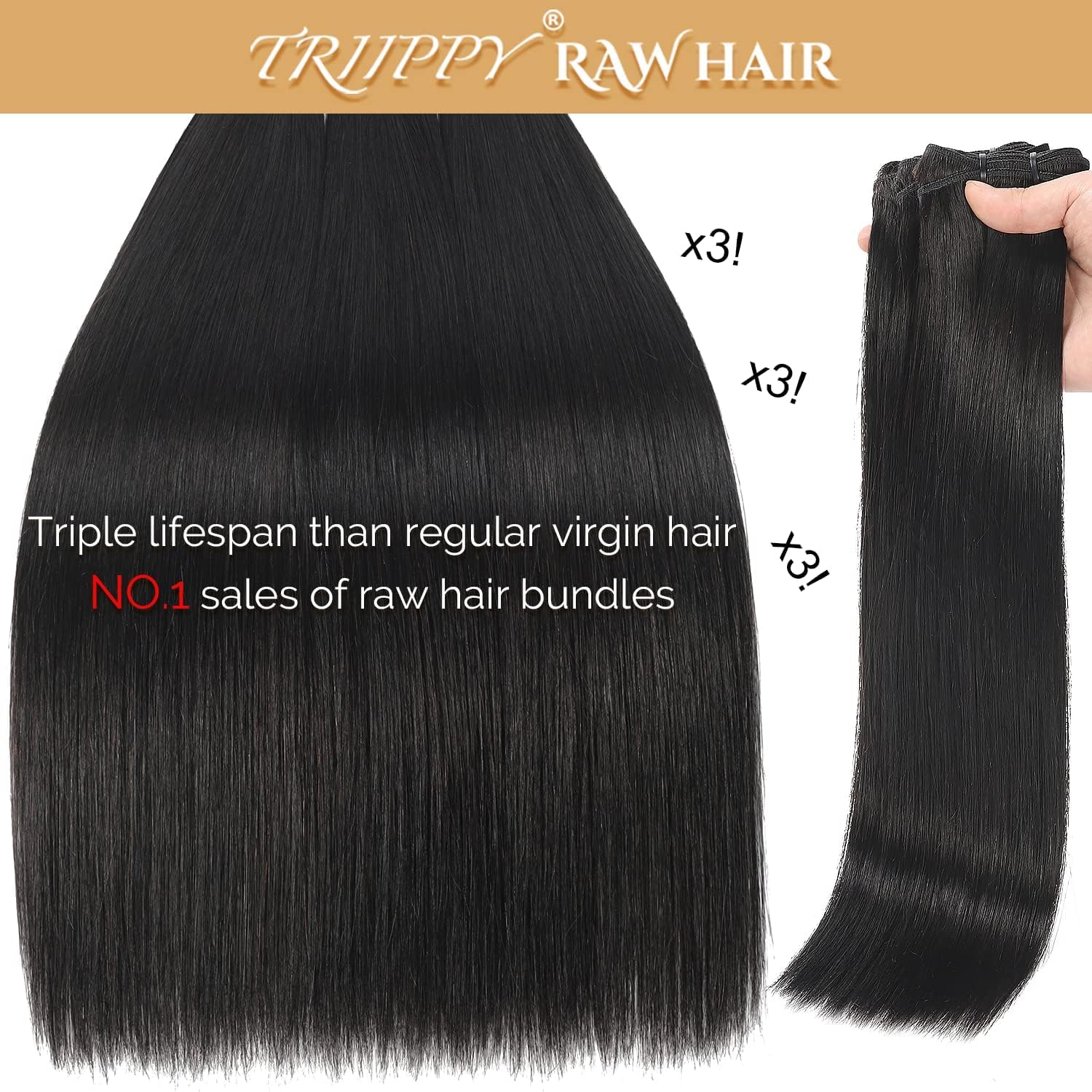 TRIIPPY Straight Bundles Human Hair,100% Raw Cambodian Hair Sew Weave 3 Bundles,Triple The Lifespan Over Regular Virgin Hair Bundle,No.1 Raw Hair Brand On Amazon(16 18 20 Inches,Natural Color)