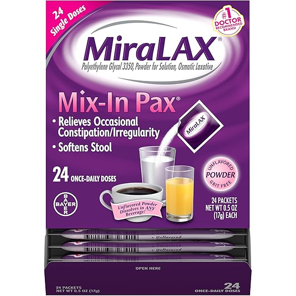 MIRALAX GENTLE CONSTIPATION RELIEF LAXATIVE POWDER, STOOL SOFTENER WITH PEG 3350, NO HARSH SIDE EFFECTS, 1 DOCTOR & OBGYN RECOMMENDED, SINGLE DOSE MIX-IN PAX, TRAVEL PACK, 24 DOSE
