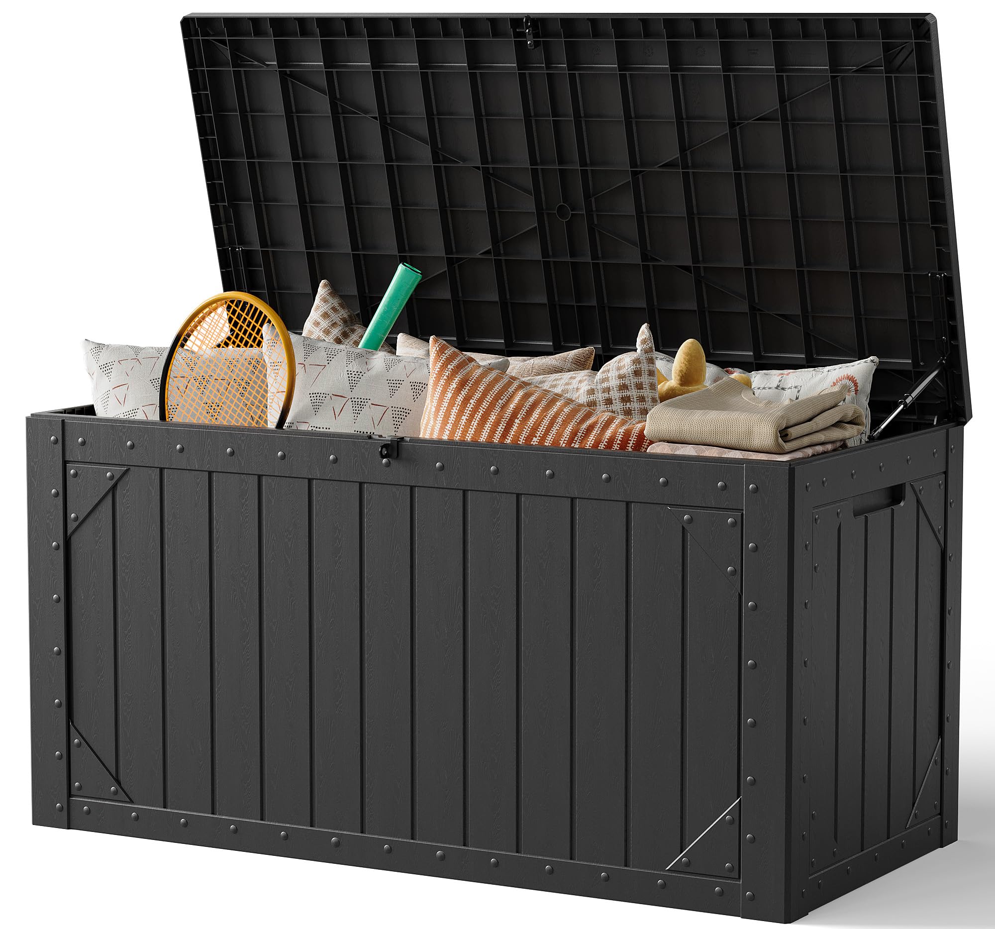 Photo 1 of *MINOR DAMAGE* Outdoor Storage Box,100Gallon Deck Box Outdoor Storage Bench Outside Waterproof Resin Storage Bench, Lockable Patio Cushions, Garden Tools Storage For Furniture, UV Resistant (Ebony Black)