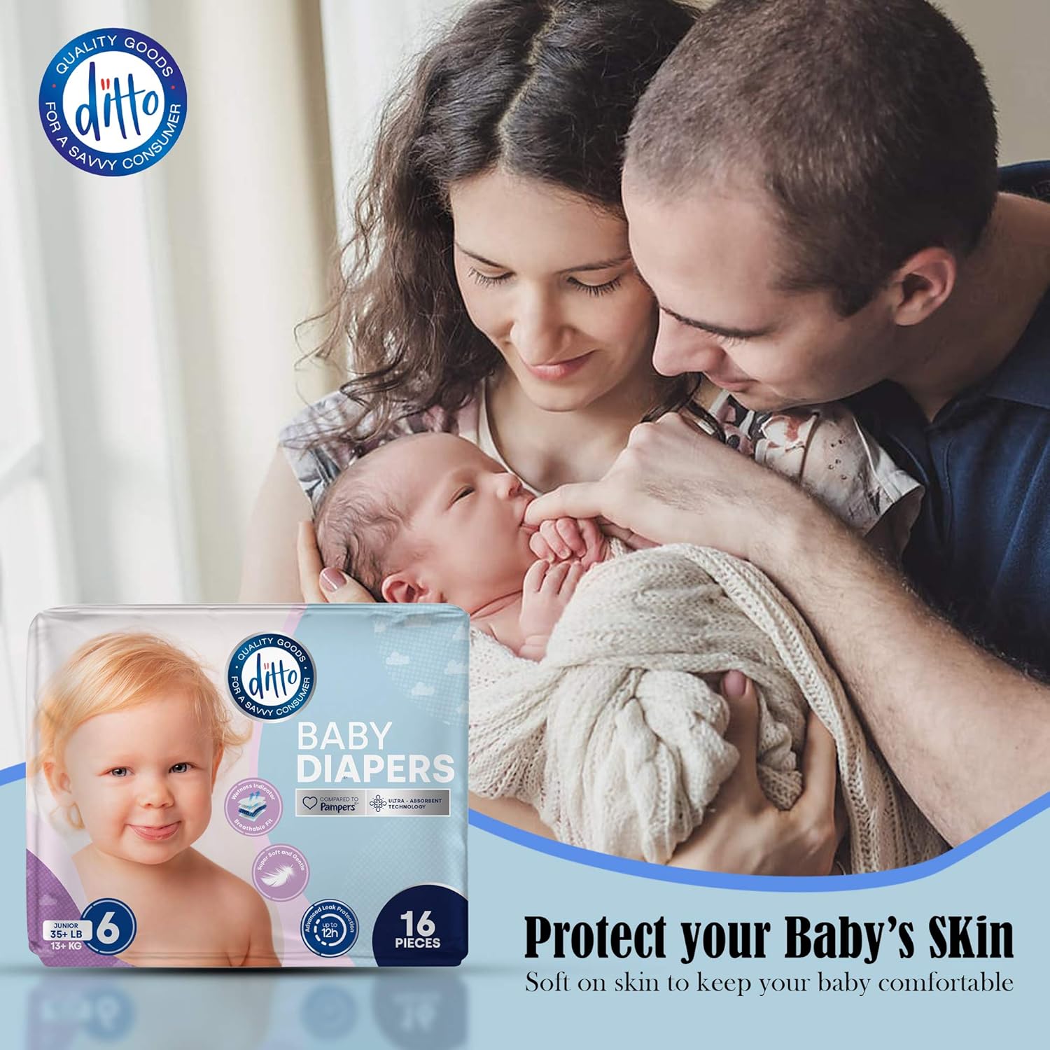 Ditto Baby Diapers Size 2 (224 Count) – Breathable Disposable Diapers – 12-Hour Leak Protection & Wetness Indicator – Overnight Diapers for Sensitive Skin – No Fragrance, Chlorine, Parabens or Latex: Health & Personal Care