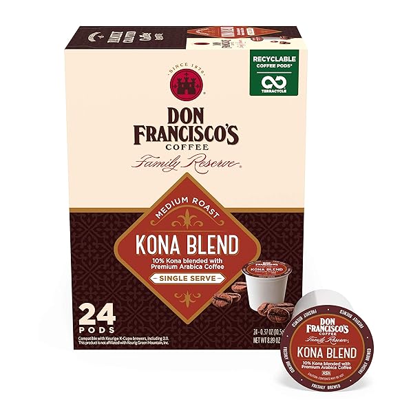 DON FRANCISCO’S KONA BLEND COFFEE – 24 K-CUP COMPATIBLE SINGLE-SERVE PODS – 10% KONA – RECYCLABLE THROUGH TERRACYCLE – COMPATIBLE WITH KEURIG BREWERS