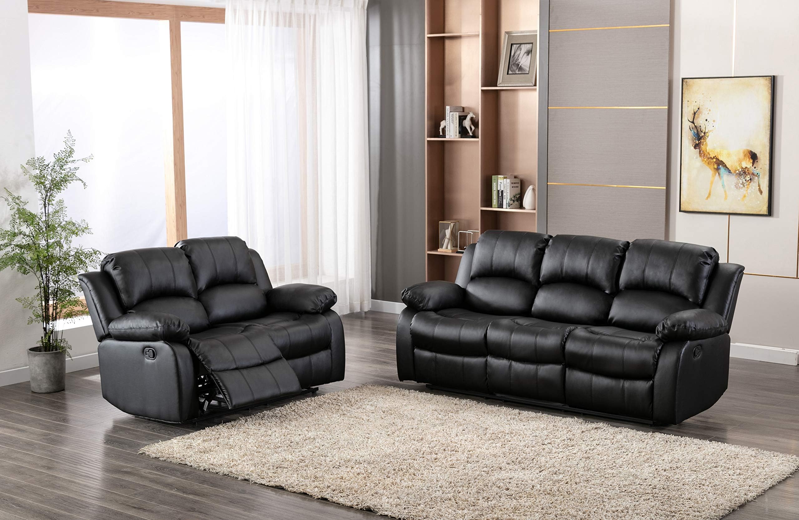 Athon furniture Black 3+2 seater, Double Recliner Sofa set, Quality Premium Leather settee, Couche suite