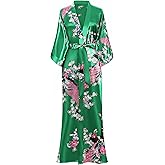 BABEYOND Women's Kimono Robe Long Satin Robes with Peacock and Blossoms Printed Kimono Nightgown