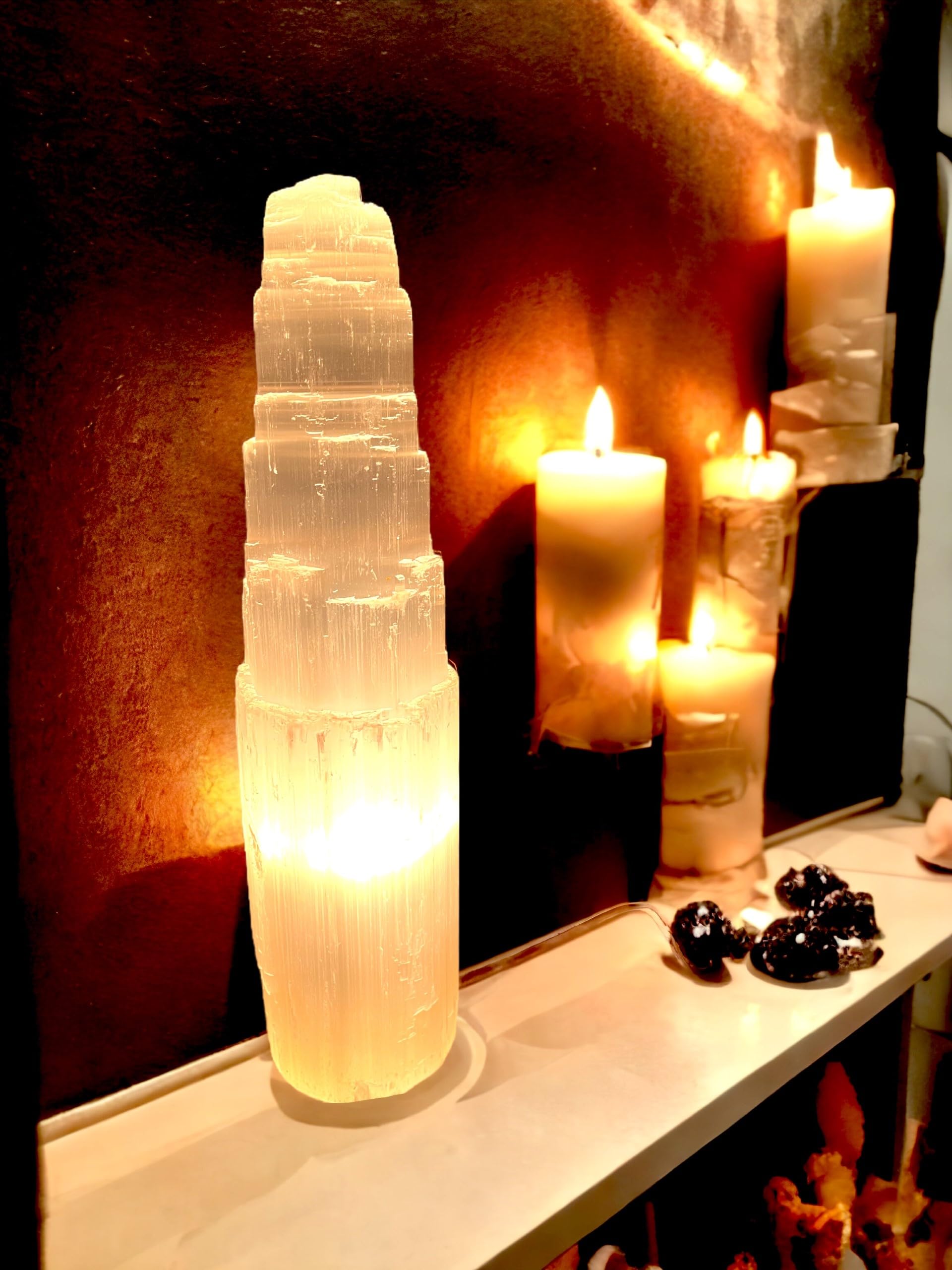 vingardium leviosa Pure Selenite Crystal Natural Light Mountain Tower Lamp Handmade Natural Energy Healing Clarity and Meditation Lamp Home Decoration TableLamp Mineral Christmas Occasion Gift (35cm)