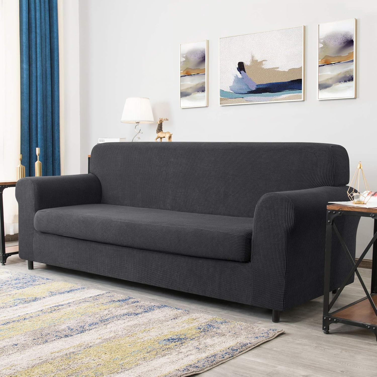 CHUN YI Stretch Sofa Slipcover 2-Piece Couch Cover Furniture Protector,Arm Chair Loveseat Coat Soft with Elastic Bottom, Checks Spandex Jacquard Fabric, X-Large, Gray: Furniture & Decor