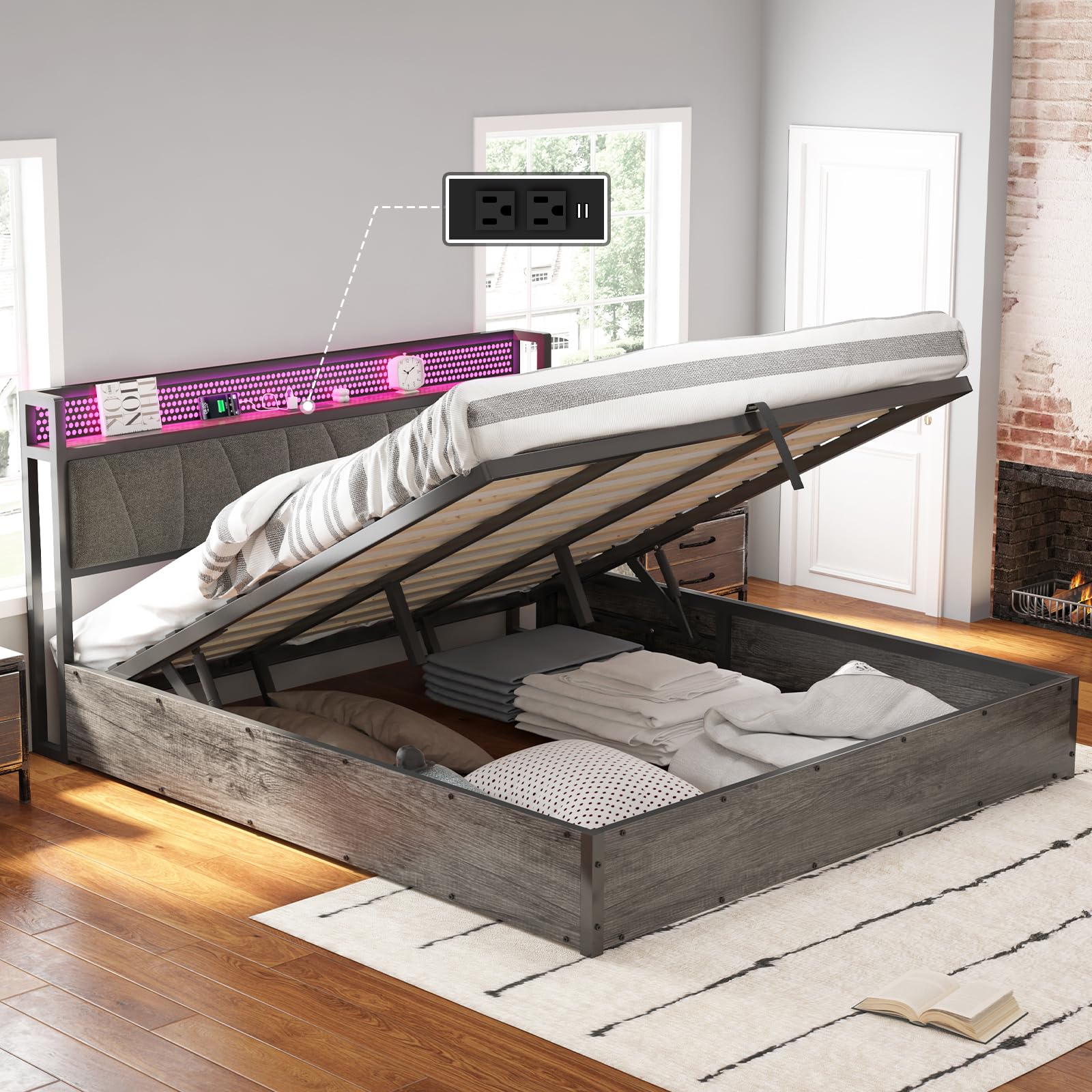AMERLIFE King Size Lift Up Bed Frame with Linen Upholstered & LED Light ...