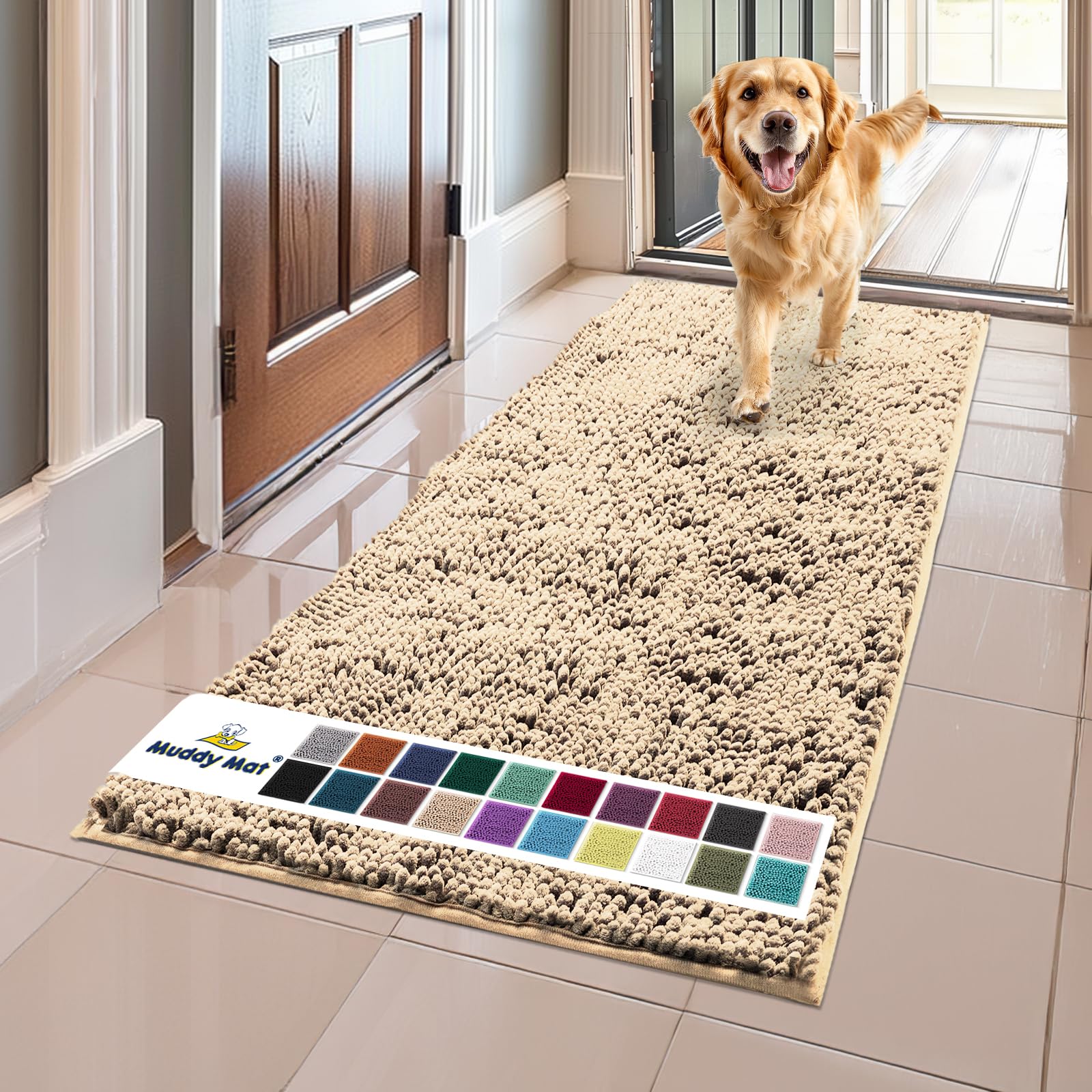 Photo 1 of Muddy Mat® Shown on TV – Super Absorbent Microfiber Dog Door Mat for Muddy Paws, Non-Slip Washable Pet Rug, Quick Dry Chenille Entryway Carpet, Machine Washable Indoor Outdoor mat, Beige 59"x24"