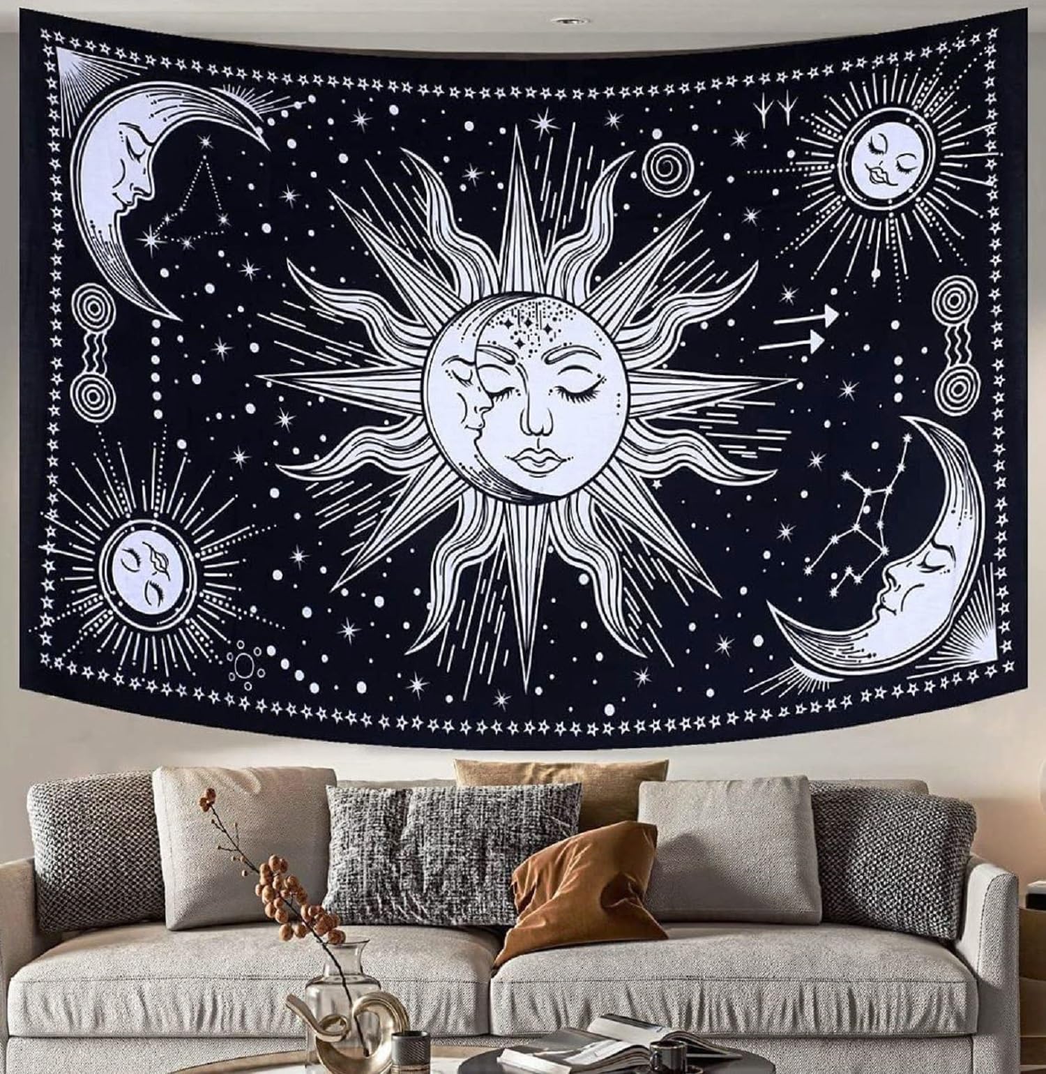 THE ART BOX Room Decor Wall Art Home Decor Tapestry For Bedroom Aesthetic Wall Decor Bedroom Accessories Aesthetic Room Decor Sun And Moon Psychedelic Mystic Tapestry Yoga Meditation