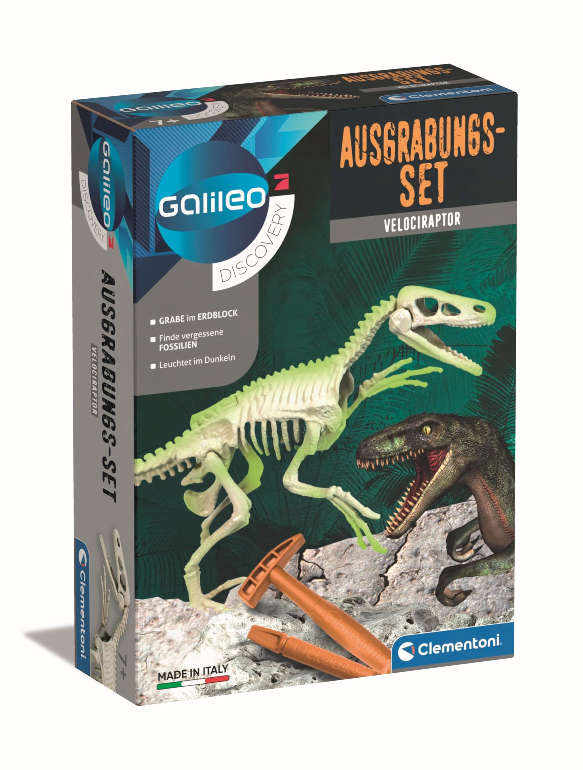 Clementoni Galileo Discovery - Velociraptor Excavation Kit Toy for Children Aged 7+ - Digging Dinosaur Fossils with Hammer & Chisel for Small Explorers 59174