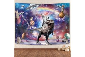 GOAOK Funny Cat Tapestry, Cool Cat Riding Dinosaur on Fantasy Universe Galaxy Space UFO Tapestry for Boys Kids, Hilarious Cat Anime Cool Tapestry Wall Hanging 60X40 Inches for Bedroom Living Room Dorm Room