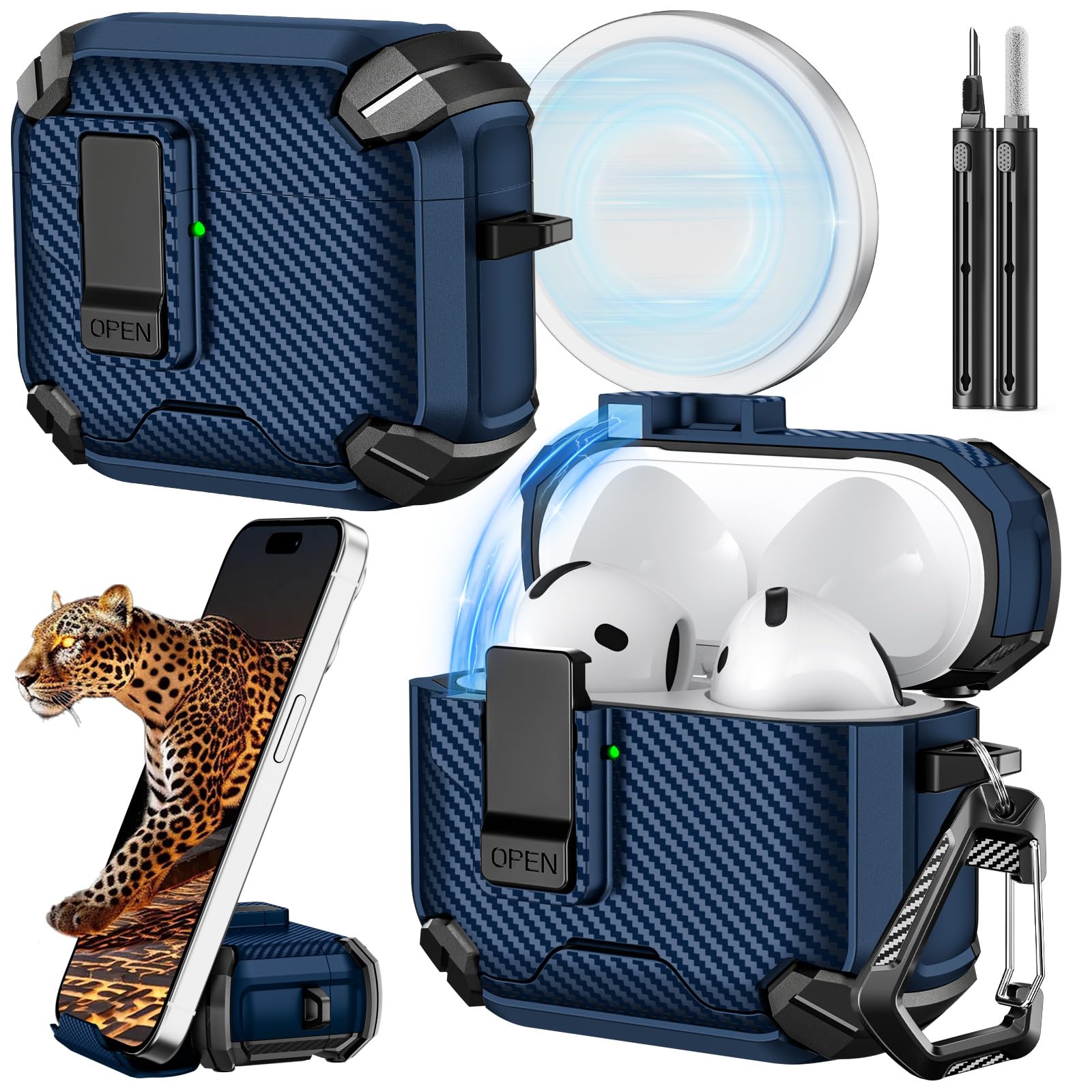 Photo 1 of Inesore Compatible with AirPods 4th Case with Phone Stand & Cleaning Kit,Compatible with Magsafe,Magnetic Automatic Lock for Airpods 4 with Active Noise Cancellation Charging Cover (2024) (Dark Blue)