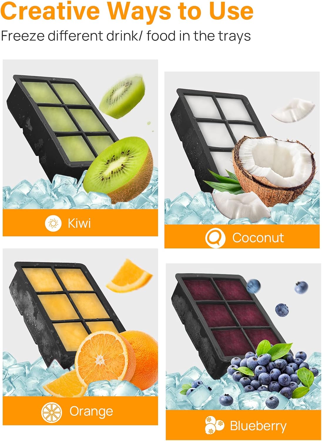 Kootek Ice Cube Trays 4 Pack - Silicone Ice Tray for Making 24 Pcs Large Ice Cubes, Easy Release Reusable Molds Maker with Removable Lids for Chilling Whiskey Wine Cocktail Beverages Juice (Black): Kitchen & Dining