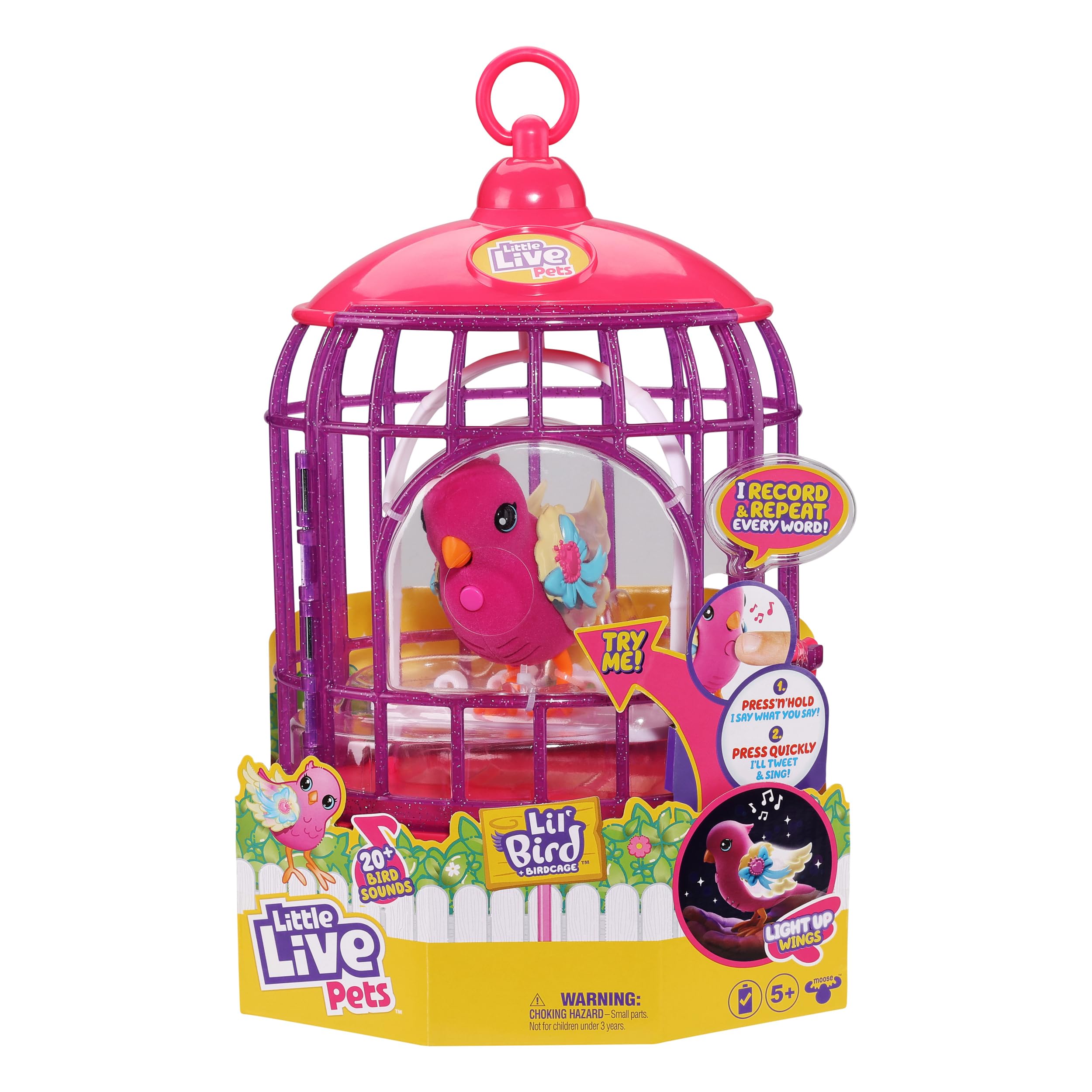 Little Live Pets Lil' Bird & Bird Cage: Tiara Twinkles, New Light Up Wings with 20 + Sounds, and Reacts to Touch
