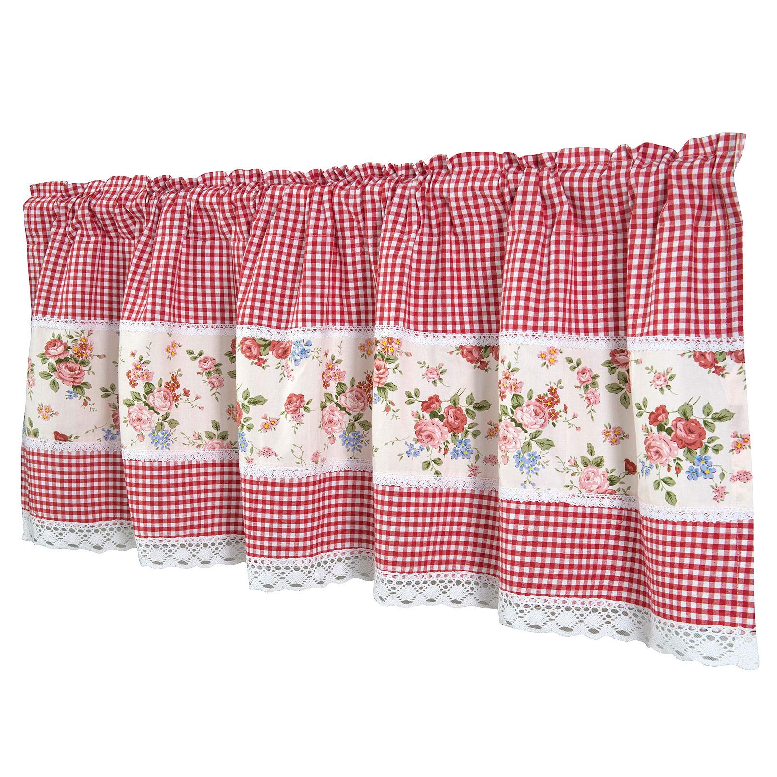 Dreamskull Cotton Short Curtain Country Rural Pastoral Style Floral Print with Red and White Checked Cafe Kitchen Bistro Restaurant Multifunctional Curtain/Gingham Small Window Valance 150 cm Wide