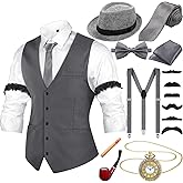 Neer 1920s Men Costume Accessories Outfit with Gangster Vest Hat Vintage Pocket Watch Bow Tie Suspenders Accessories