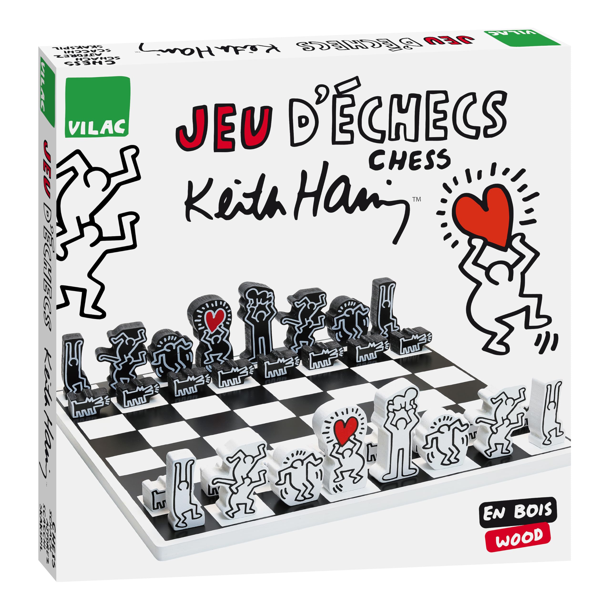 Vilac Chess Wooden Board Game with Cotton Storage Bag, Set Illustrated By Graphic Designer Keith Haring, Durable, 6 Years+, Black and White, 30 x 30 x 9 cm