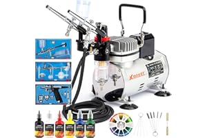XDOVET Airbrush with Cooling Dual-Fan Air Storage Tank Compressor System Kit Professional Airbrushing Paint System with 1/5 HP Air Compressor and 3 Airbrush Kits - 6 Colors Acrylic Paint Artist Set