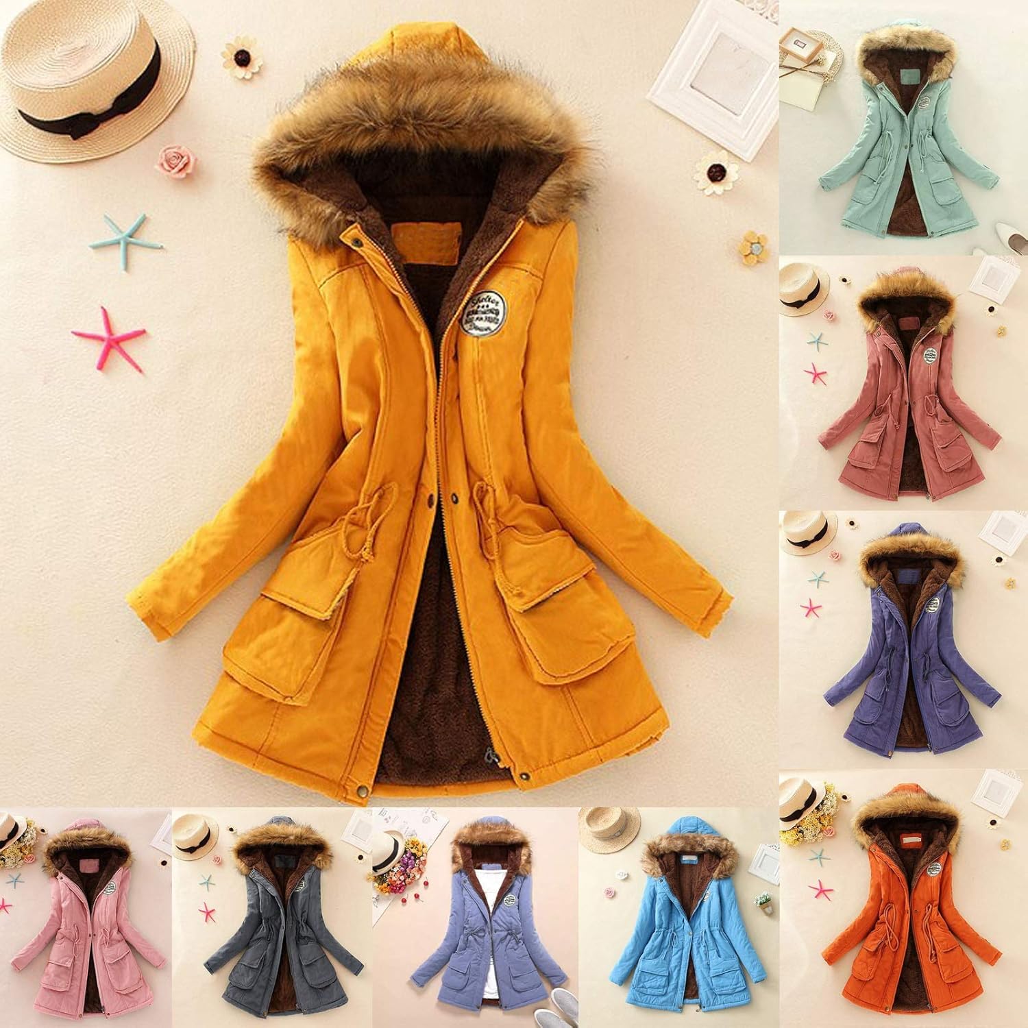 Qinnyo Jacket Winter Coats for Women Hooded Warm Winter Parka Thicken Fleece Lined Parkas Long Coats with Fur Trim: Clothing