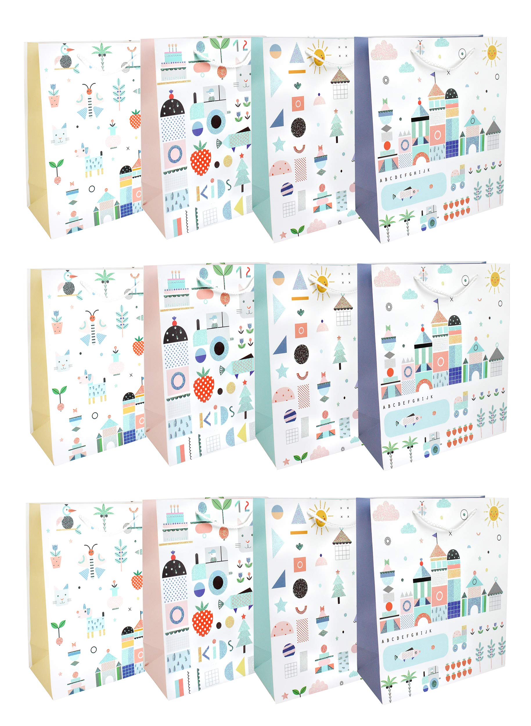 Emartbuy Luxury Gift Bag Strong Laminated Paper Mixed Colours (Set of 12 - Kids)