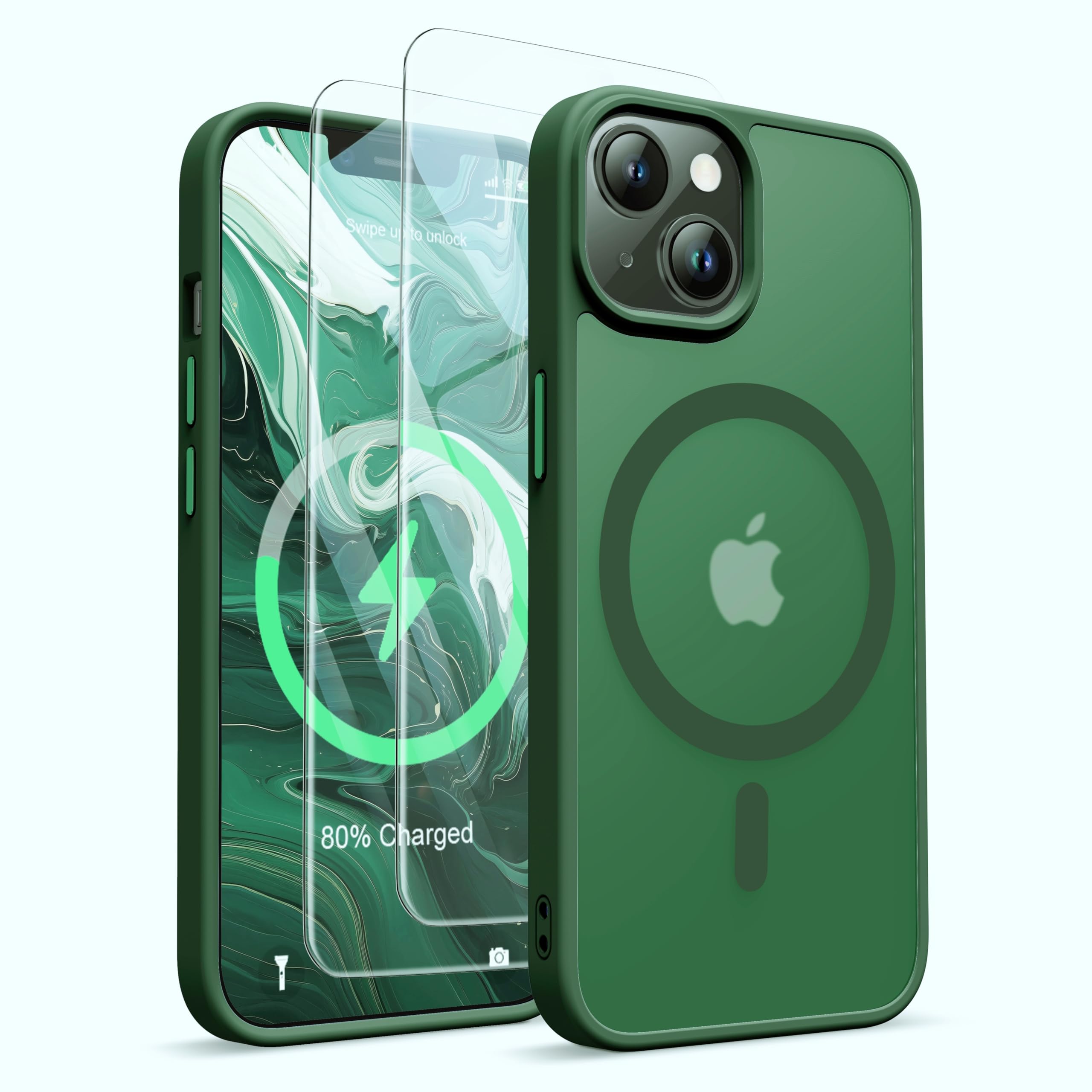 ORETECH Designed for iPhone 13 Case, iPhone 14 Magnetic Case Compatible with Magsafe and 2 Pack Screen Protector Anti Yellowing Ultra Thin Shockproof Matt Frosted Back Phone Case Cover 6.1'' - Green — image 1