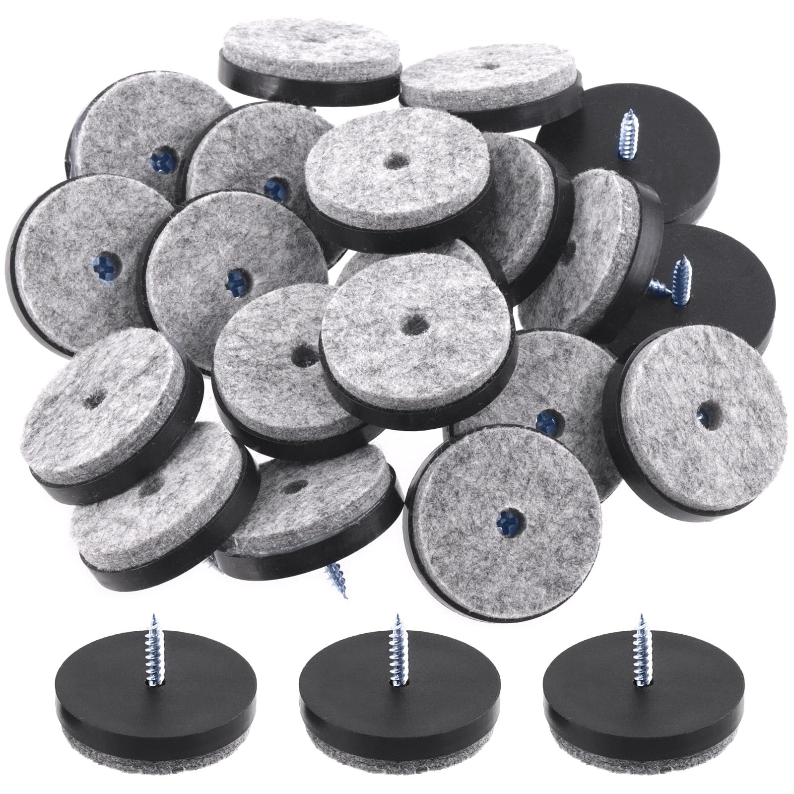Swpeet 20Pcs Black Furniture Felt Pads, 38mm, Non Slip, Anti Scratch, Screw-on, Round, ABS Plastic, Felt, Protects Wooden Leg Feet of Chair, Table, Sofa