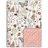 Wildflower Butterfly Baby Blanket for Girls, Soft Double Layer Minky with Dotted Backing, Flower Garden Theme Toddler Nursery, Newborn Infant Toddler Crib Bedding, Receiving Blankets, 30"x40"