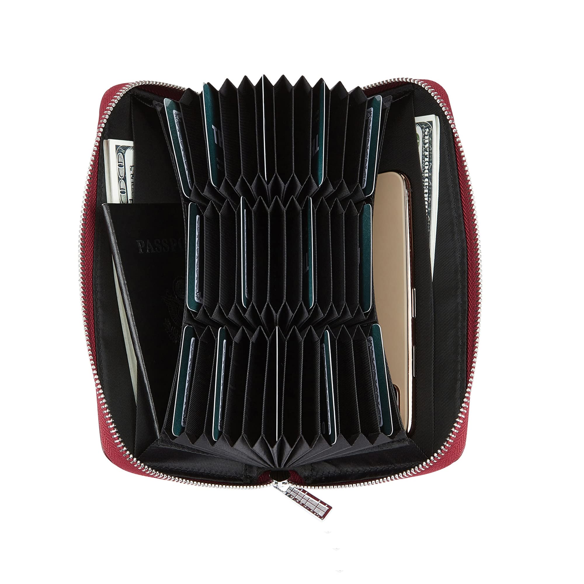 Cynure Women 36 Slots RFID Blocking Card Holder Large Long Leather Zipper Checkbook Accordion Wallet,Dark Red
