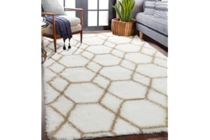 ONASAR Geometric Boho Area Rug for Living Room Bedroom, 4x6 White and Beige Rug, Shaggy Fluffy Area Rugs for Classroom, Dorm, Office, Playroom, Kids Room Decor, Nursery Rug Neutral, Soft Carpet