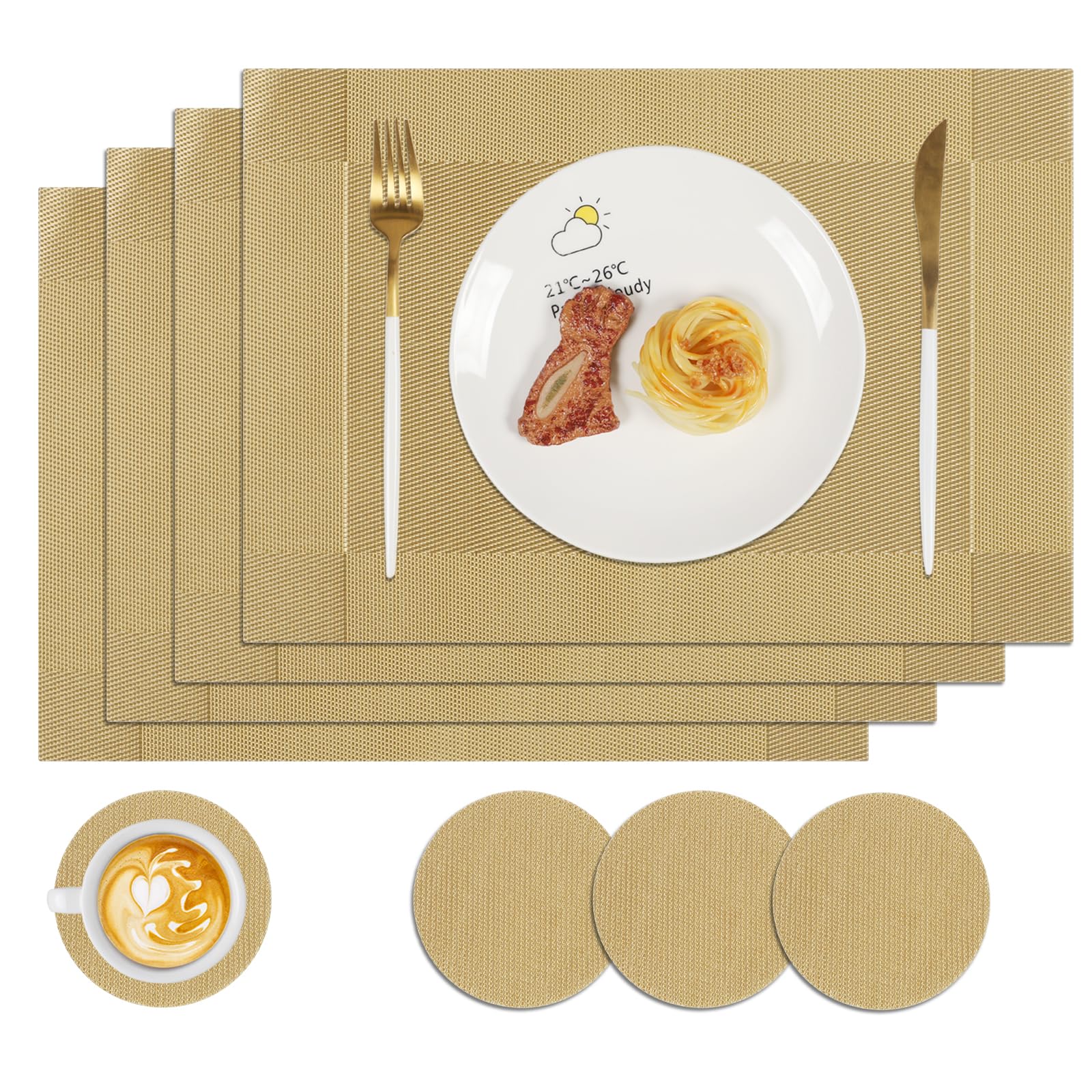 Famibay Place Mats and Coasters Set of 4 Gold Christmas Placemats Heat Resistant Washable Plastic Table Mats for Kitchen Dining Table — image 1