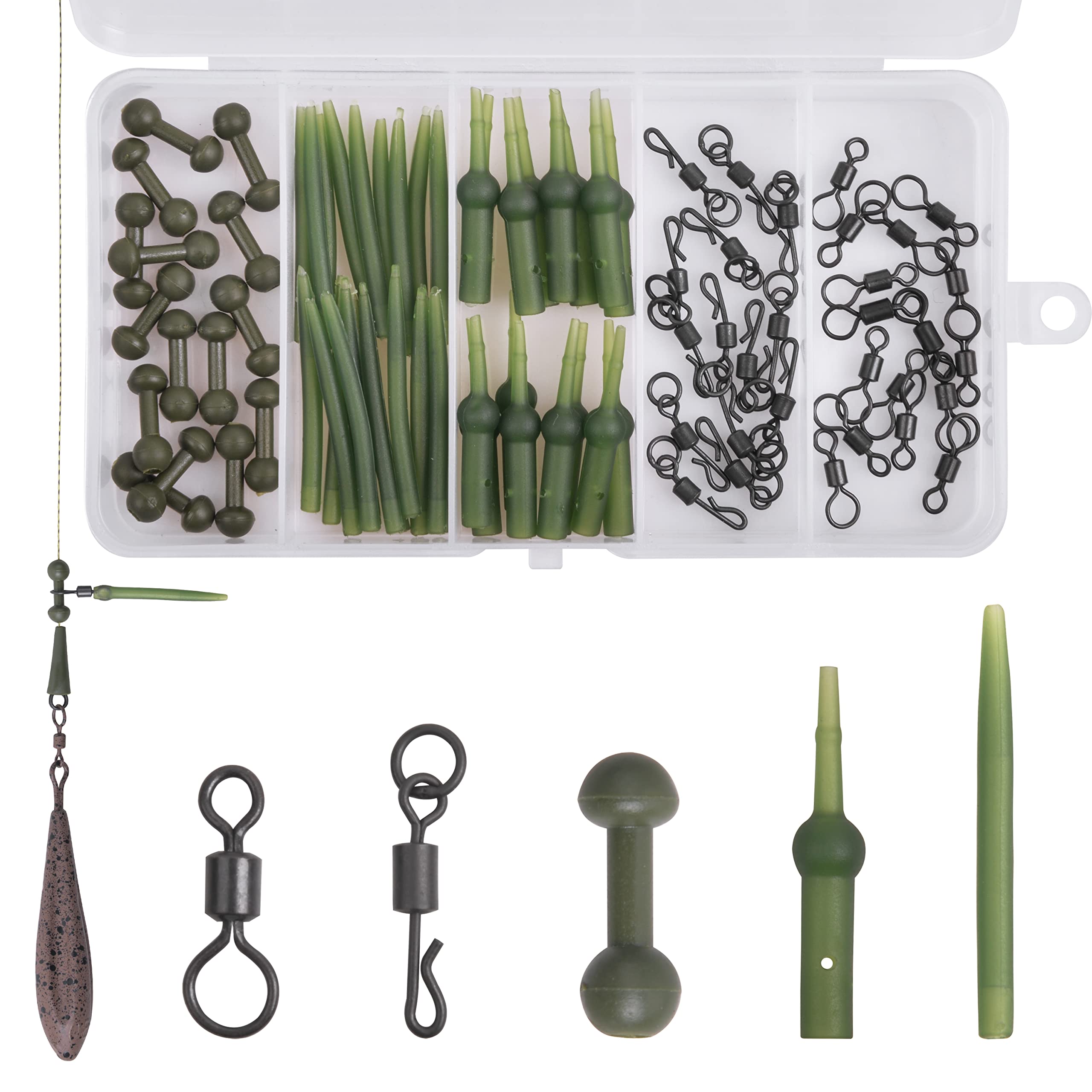 Carp Fishing Helicopter Rig Accessories Kit Anti Tangle Sleeve Chod Running Rig Quick Change Swivels Clips Beads Fishing Gear Terminal Tackle Box (90pcs Chod Rigs Kit)