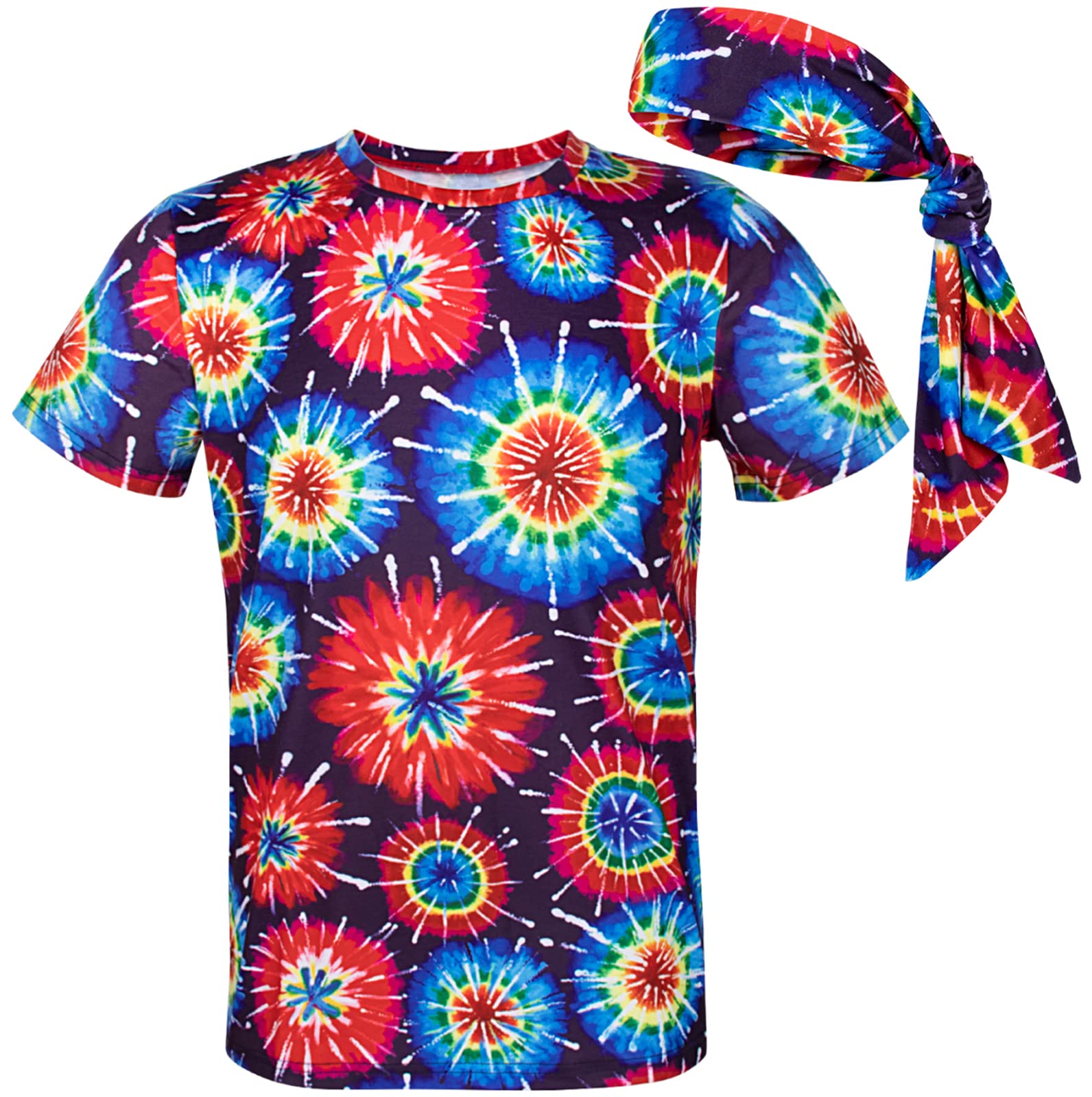 COSAVOROCK Men's 60s 70s Groovy Hippie Psychedelic Costume T-Shirts with Headbands Multicoloured M