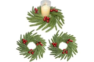 PALONMY 3Pcs Christmas Candle Rings Wreaths Artificial Norfolk Pine Branches Red Berry Branches Candle Holder Rings Mini Wreaths Decorations for Tables Centerpieces Mantle Frontdoor Home Kitchen Xmas Decor
