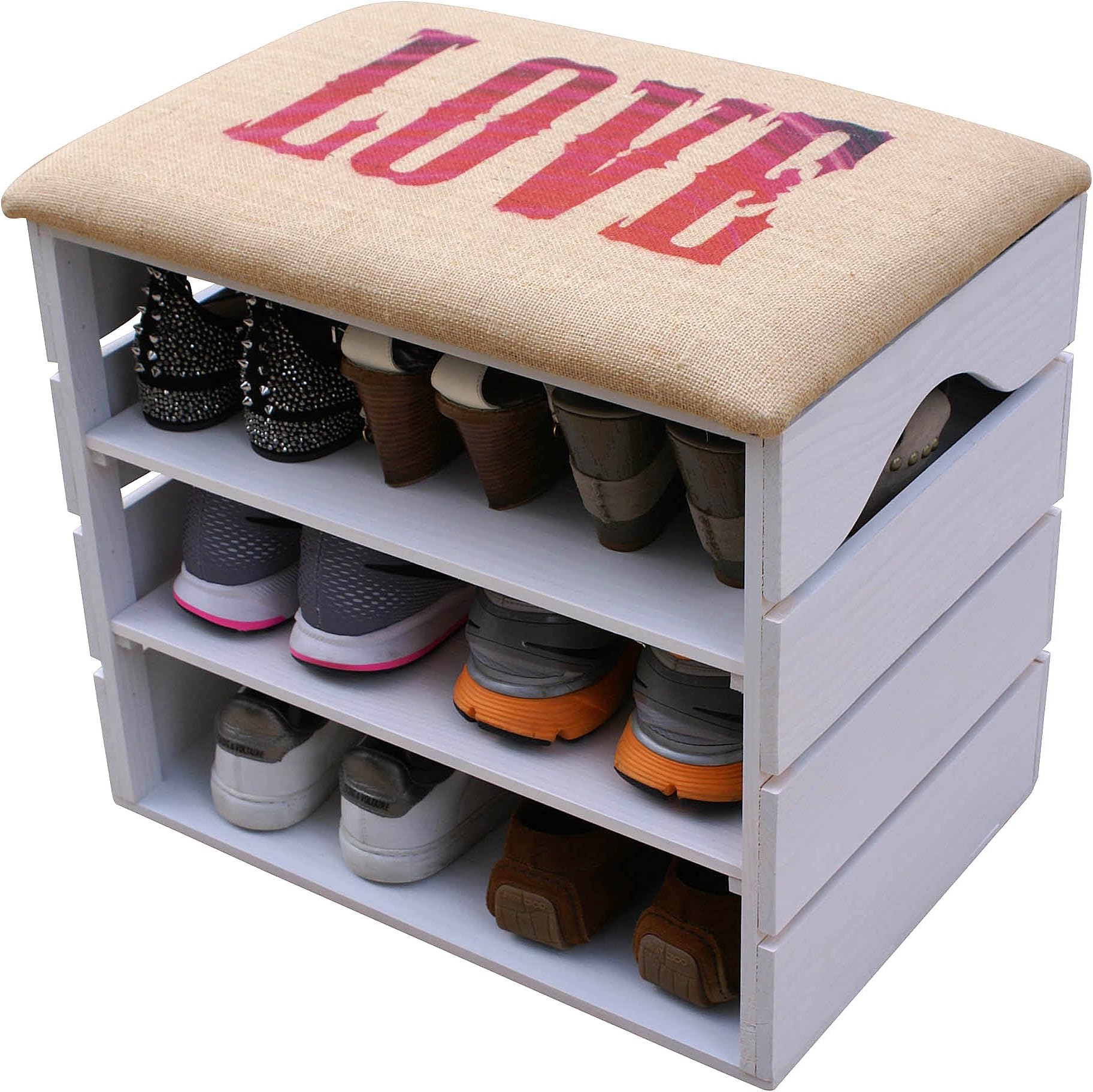 LIZA LINE SHOE RACK (WHITE) - Premium Vintage Wooden Shoes Organiser, Storage, Cabinet, Holder Bench with Soft Seat Cushion for Entryway, Hallway. Solid Nordic Wood - 51 x 47 x 35 cm (Love)