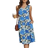 NILOUFO Women’s Summer V Neck Sleeveless Empire Waist Knee Length Dresses with Pockets,Flowy Casual Travel Sundress