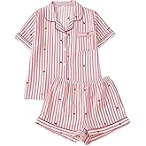 Valentines Pajamas For Women Heart Short Sleeve Button Shirts And Pj Shorts Cute Heart Striped Holiday 2 Piece Pjs Set