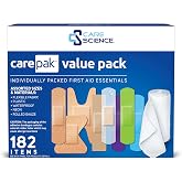 Care Science CarePak Variety Pack, Assorted Sizes, 182 Pieces | Assortment of Individually Packaged Bandages and Rolled Gauze. Including Sheer, Waterproof, &amp; Plastic Bandages
