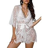 Rigeri Sexy Lingerie for Women Lace Kimono Robe Mesh Chemise Nightgown Lace Robe XS-3XL