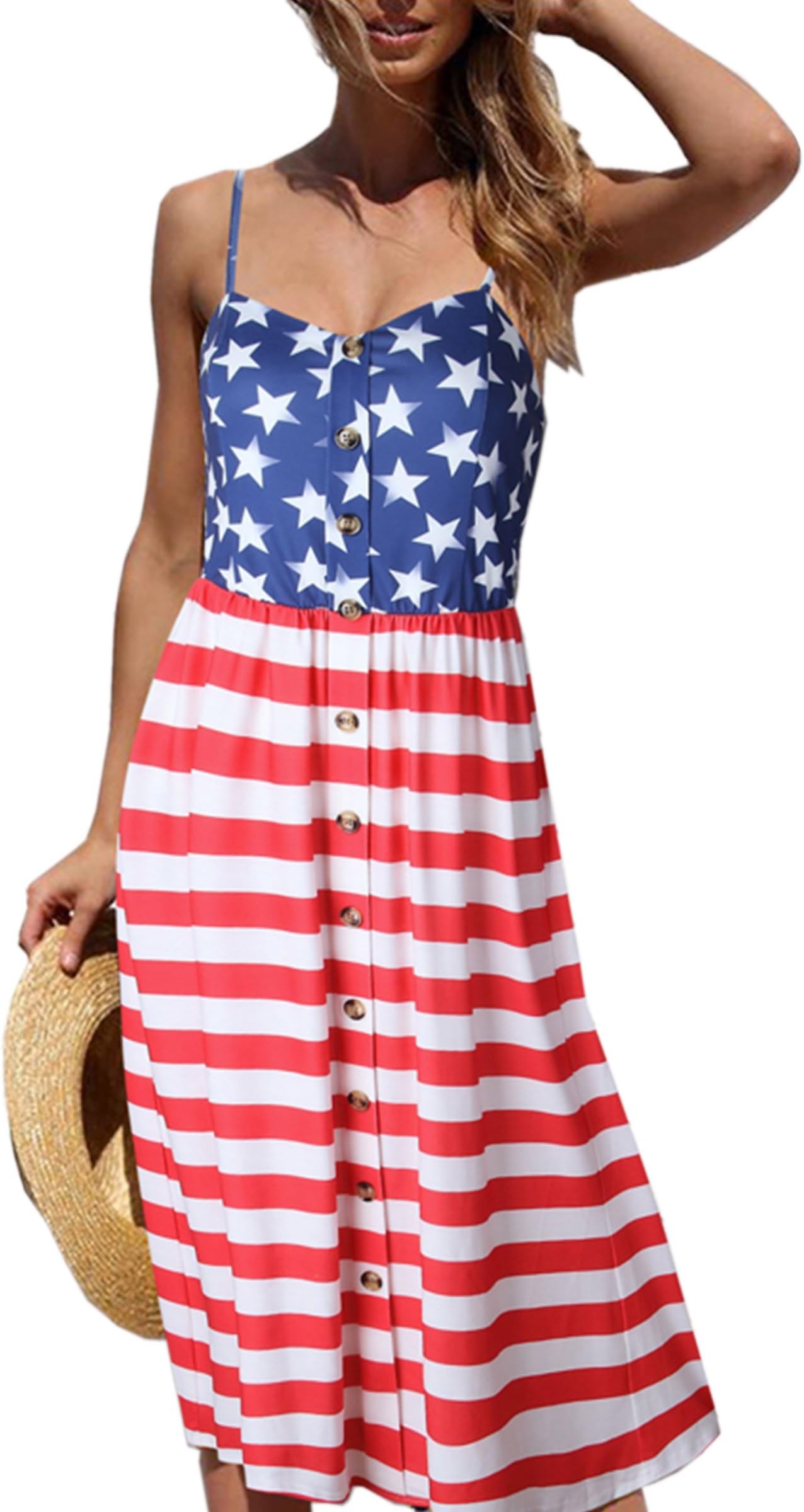 Angashion Women's Dresses-Summer Floral Bohemian Adjustable Spaghetti Strap Button Down Swing Midi Dress with Pockets