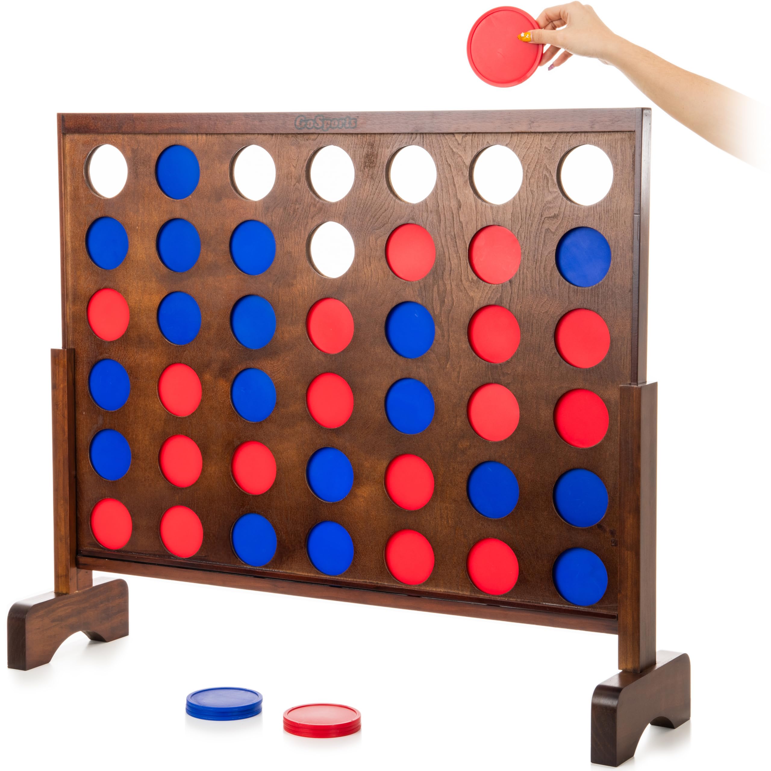 GoSports 3 Foot Width Giant Wooden 4 in a Row Game - Choose White or Dark Stain - Jumbo 4 Connect Family Fun with Coins, Case and Rules
