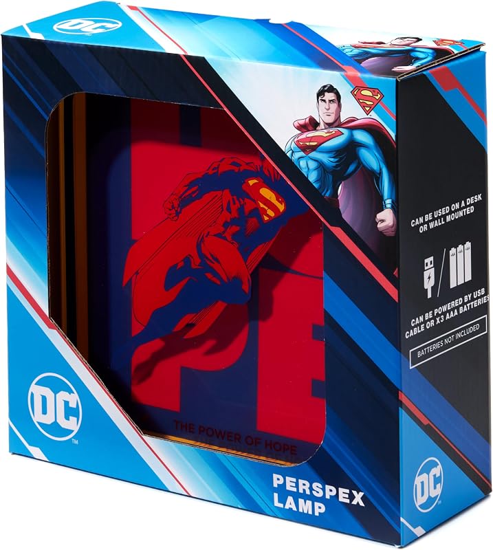 Candeeiro Oficial Superman 2025 de Secretária e Parede com logótipo acrílico – Luz Ambiente para Quarto, Escritório, Casa, Escritório – Merchandising Oficial da DC Comics
