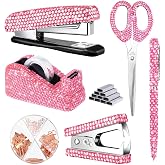 Demissle 6 Pcs Bling Office Desk Accessories Set Crystal School Stationery Kit Scissor Stapler with Staple, Tape Dispenser, Diamond Pen, Staple Remover, Binder Clip, Paper Clip, Push Pins(Pink)