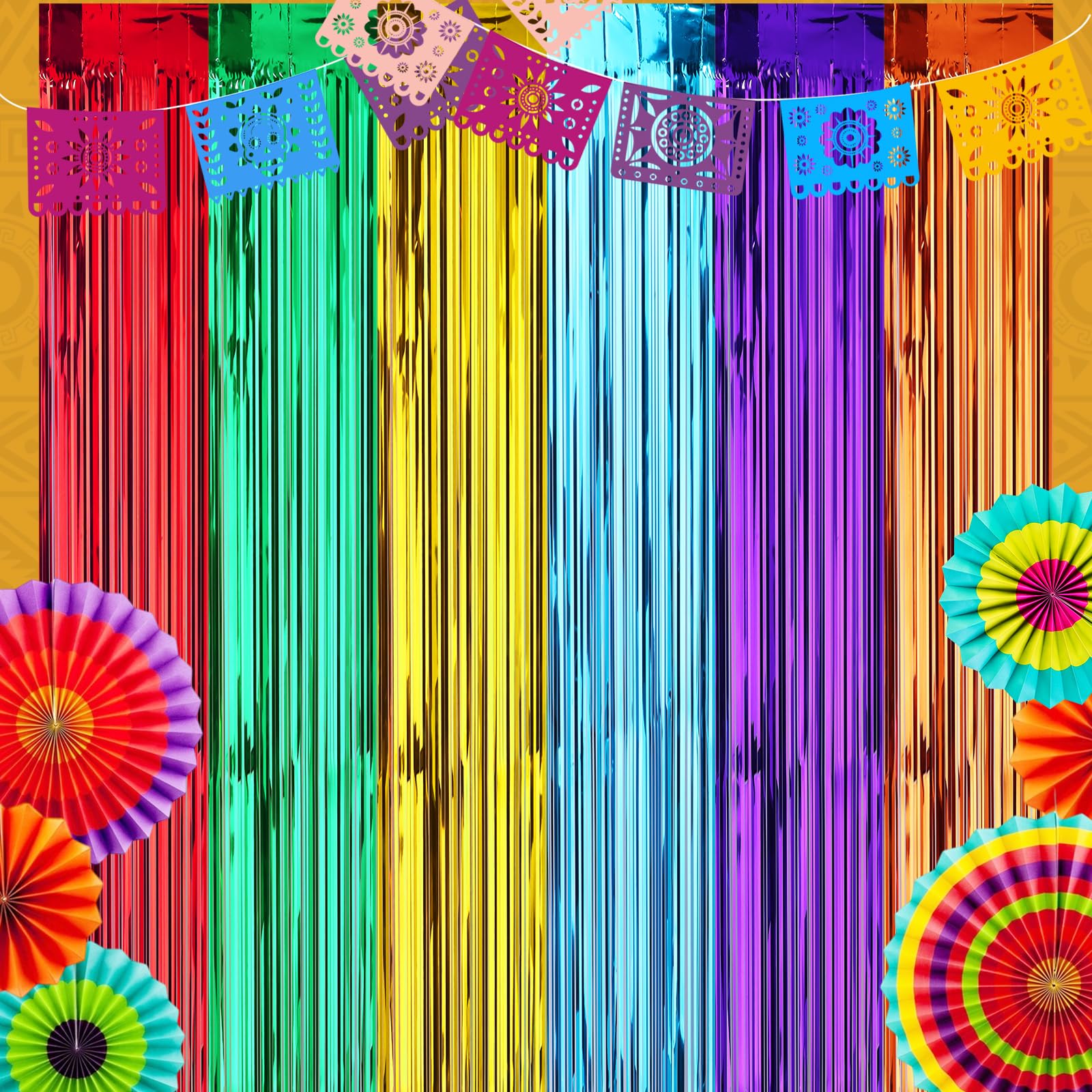 Photo 1 of 2Pack Mexican Fiesta Foil Fringe Curtains Backdrop,Cinco De Mayo Decors,3.3x6.6ft Mexican Themed Tinsel Streamers,Perfect for Spain Taco Photo Booth Props,Dia De Los Muertos Birthday Party Decors