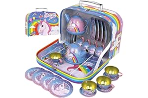 Tea Set for Little Girls, Pretend Play Tea Party Set, Unicorn Design Kids Tin Tea Set with Carrying Case (15 Pcs)