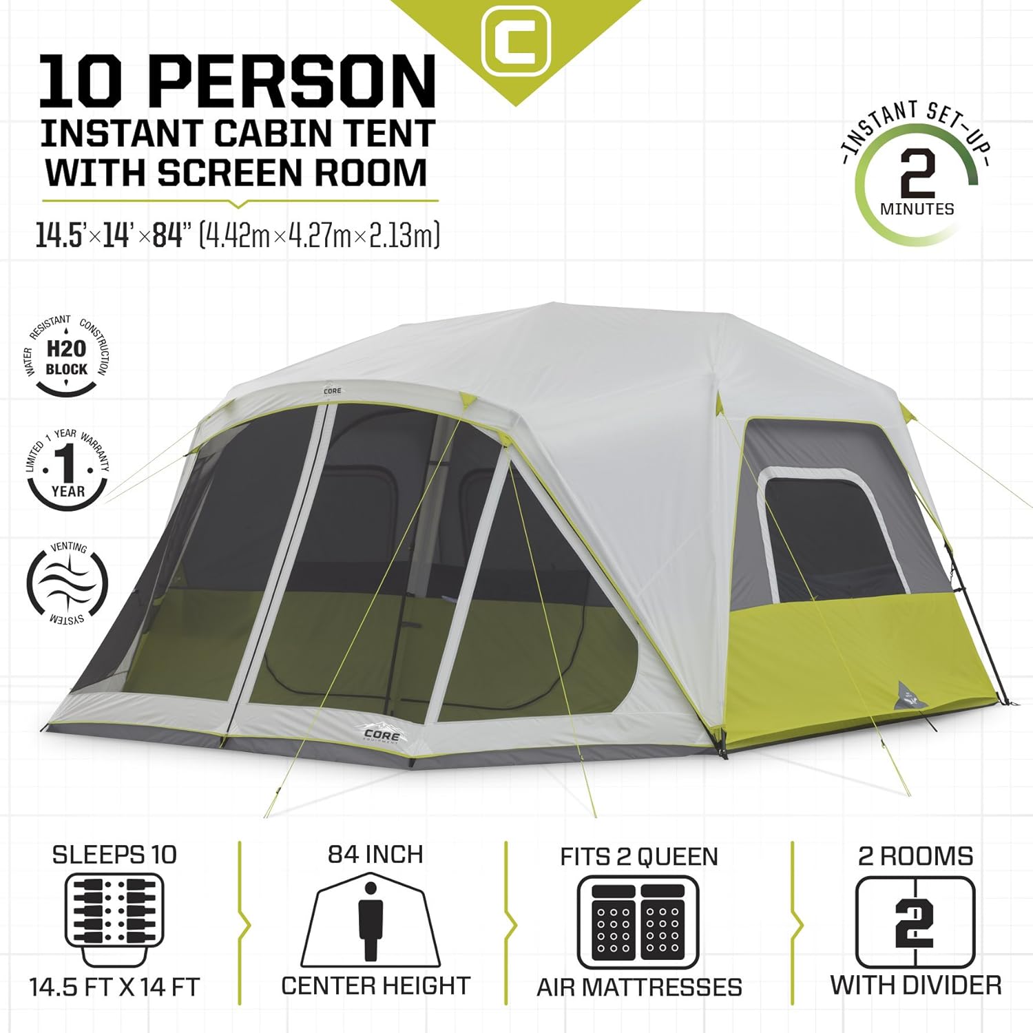 Family Camping Tents Core Lighted 10 Person Instant Cabin Tent