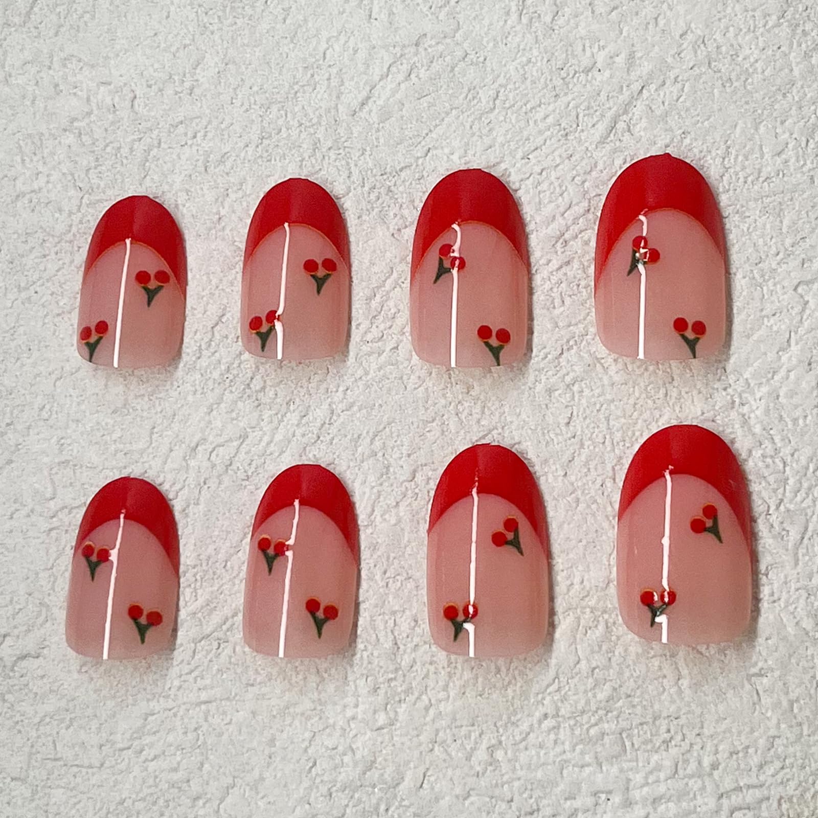 ROFIBUT Red French Tip Press on Nails Almond Short Fake Nails Cute Nude Pink Full Cover Glue on Nails with Red Cherry Glossy Artificial Stick on Nails Reusable Acrylic False Nail for Women Girls 24Pcs - Image 3