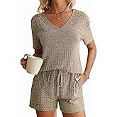 Ekouaer Womens Ribbed Knit Lounge Set Short Sleeve Top and Shorts Sleepwear Pajama Set Two Piece Shorts Outfits Set