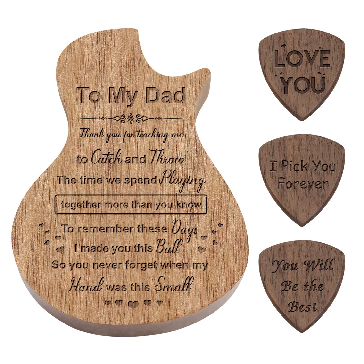 Engraved Wood Guitar Pick Box for Dad with 3 Pack Wooden Guitar Picks - Father's Day Birthday Gift